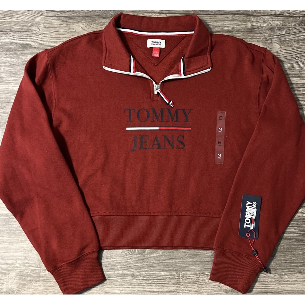 Tommy‎ Jeans 1/4 Zip Cropped Top Pullover Red Sweatshirt, Size Medium, NWT $59
